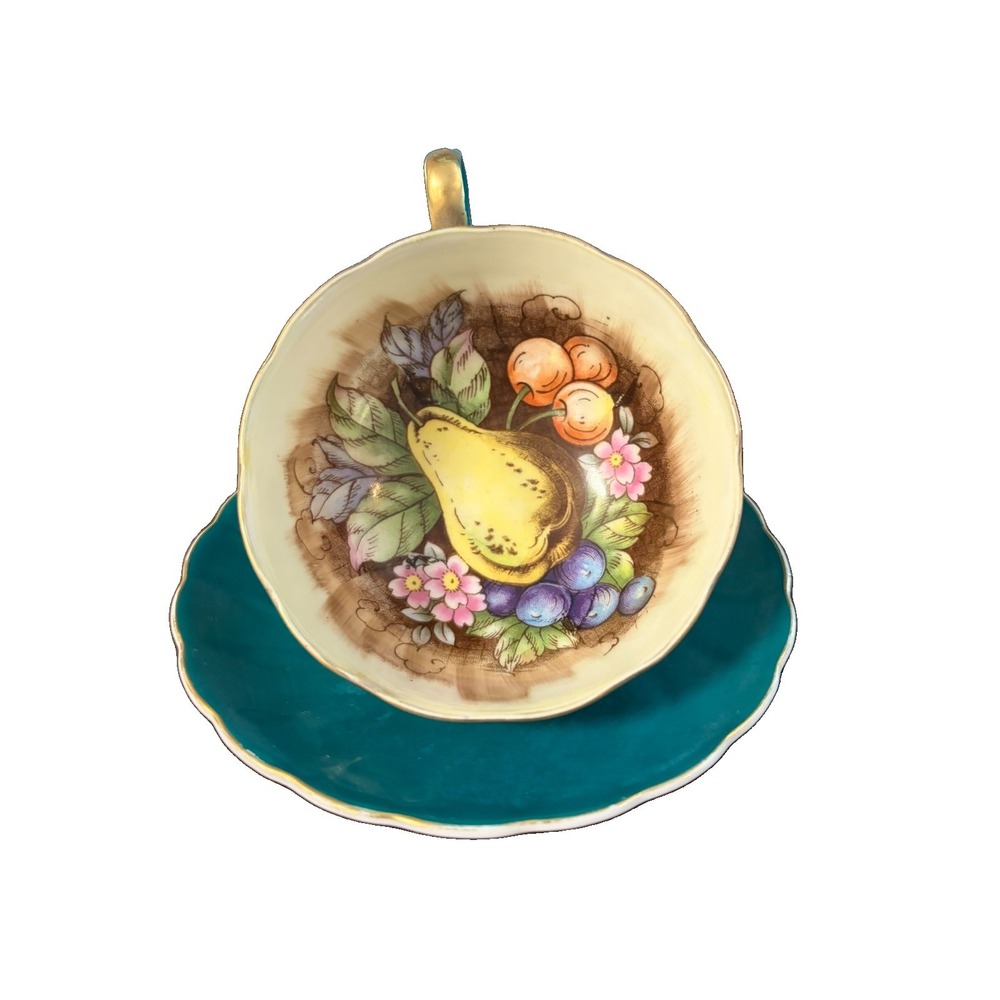 Vintage Chase Japan Teacup Saucer Orchard Fruit Pear Cherries Teal Footed Gold